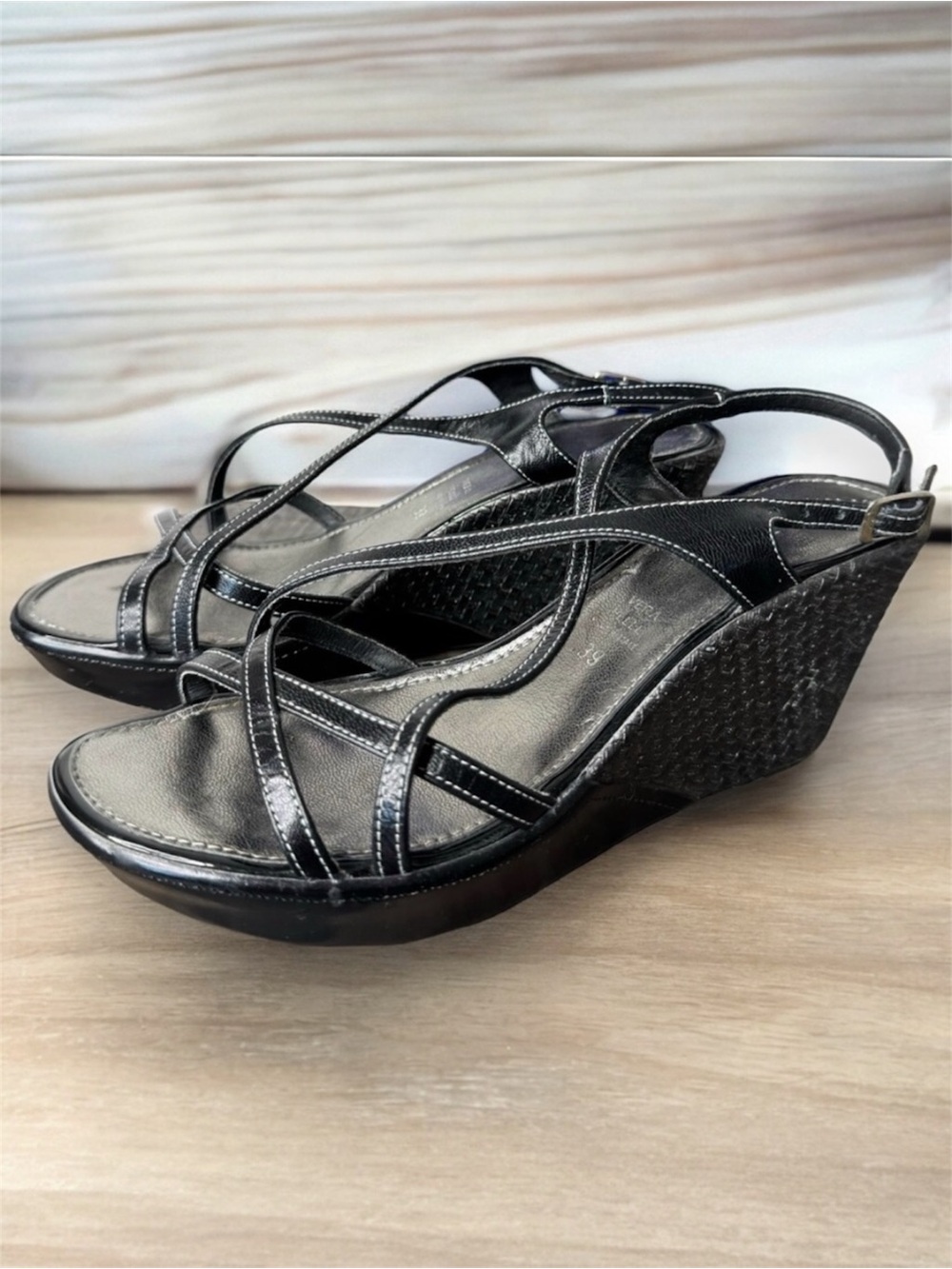 Versani Black Italian Leather Strappy Wedge Sandals